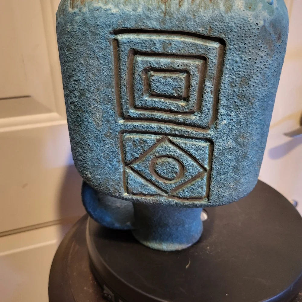 Bitossi Blue 1960s Mid-century Modern Fat Lava Pottery Pitcher Signed